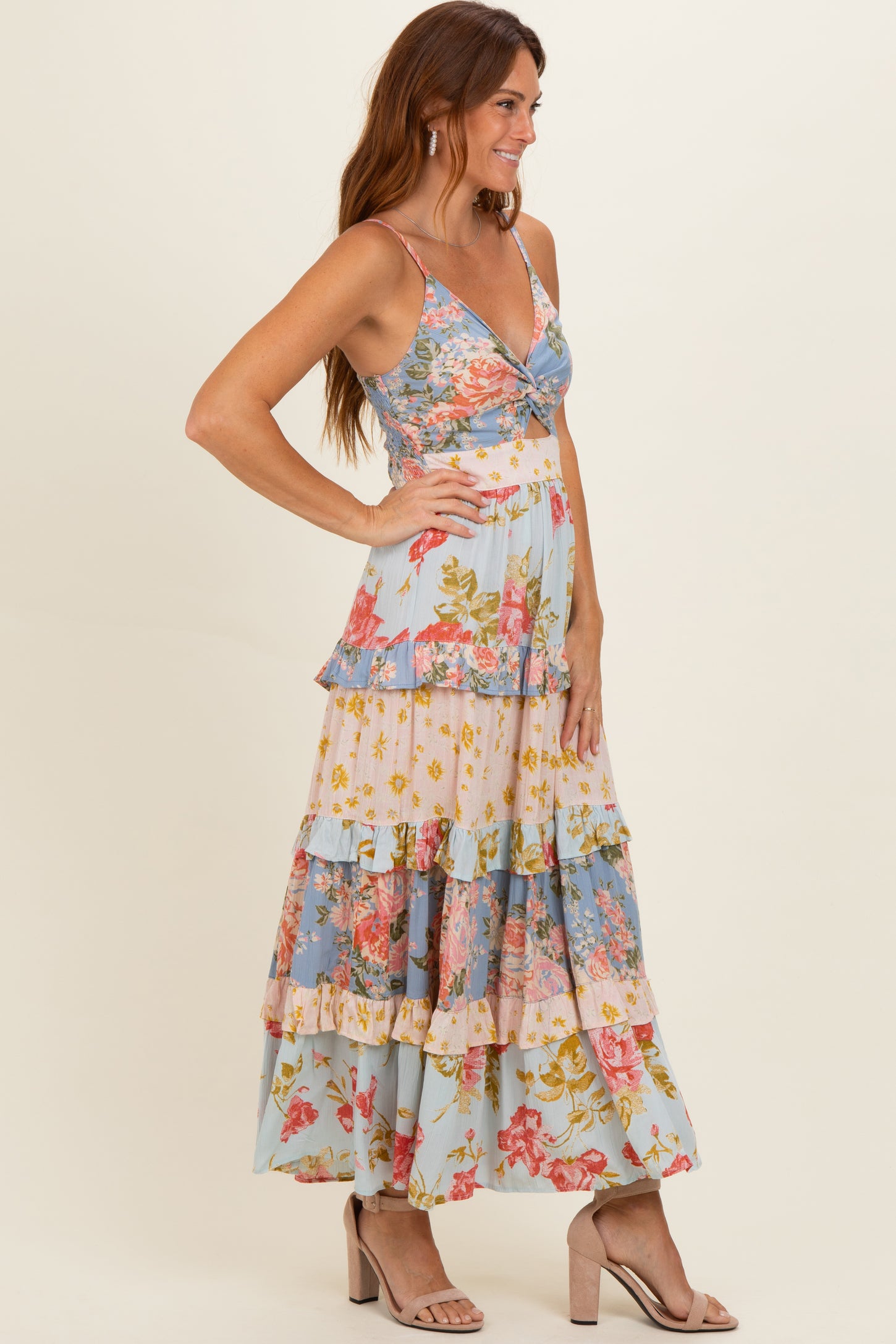 front twist v neck maxi dress V NECK TWIST FRONT SIDE SLIT MAXI DRESS