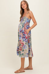 Grey Smocked Cinch Bust Maternity Midi Dress
