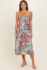 Grey Smocked Cinch Bust Maternity Midi Dress