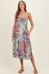 Grey Smocked Cinch Bust Maternity Midi Dress