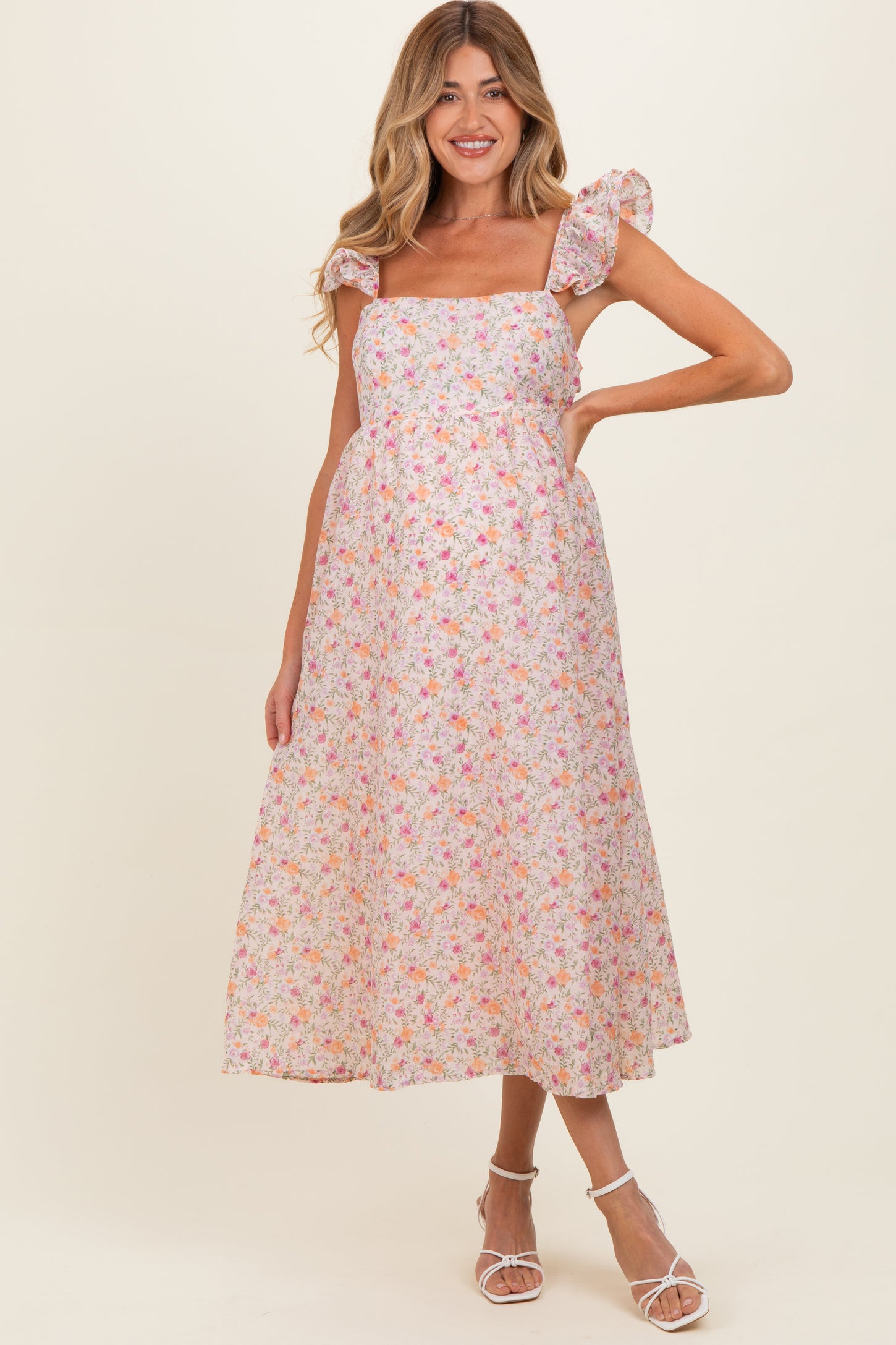 Blush Floral Ruffle Strap Maternity Midi Dress