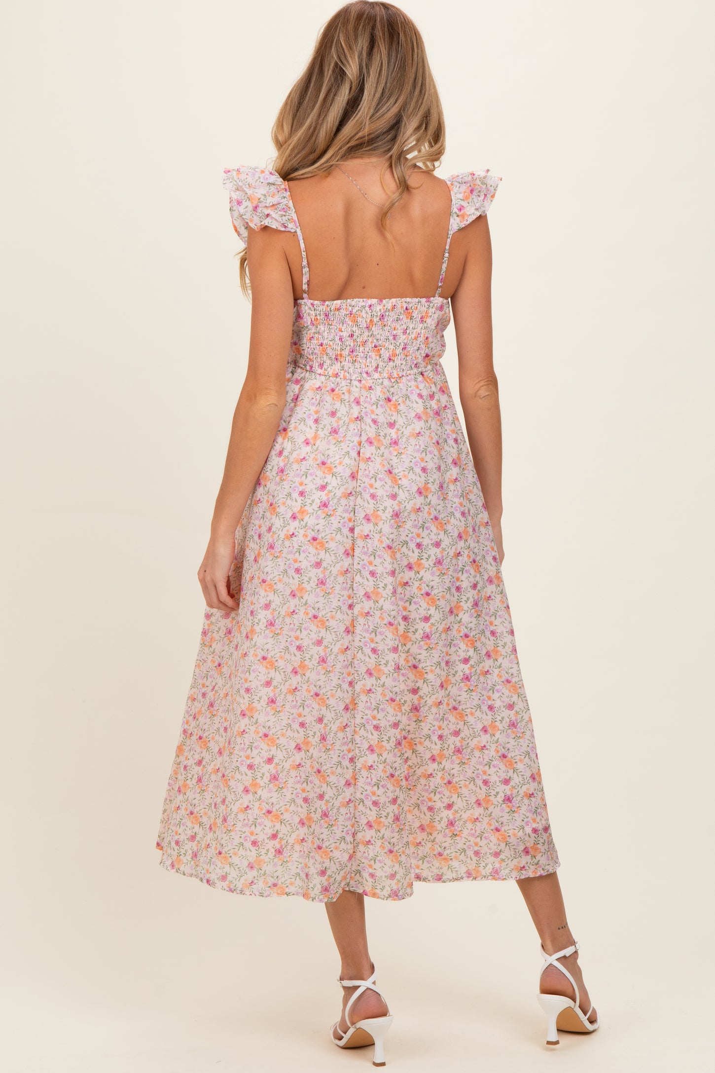 Blush Floral Ruffle Strap Maternity Midi Dress
