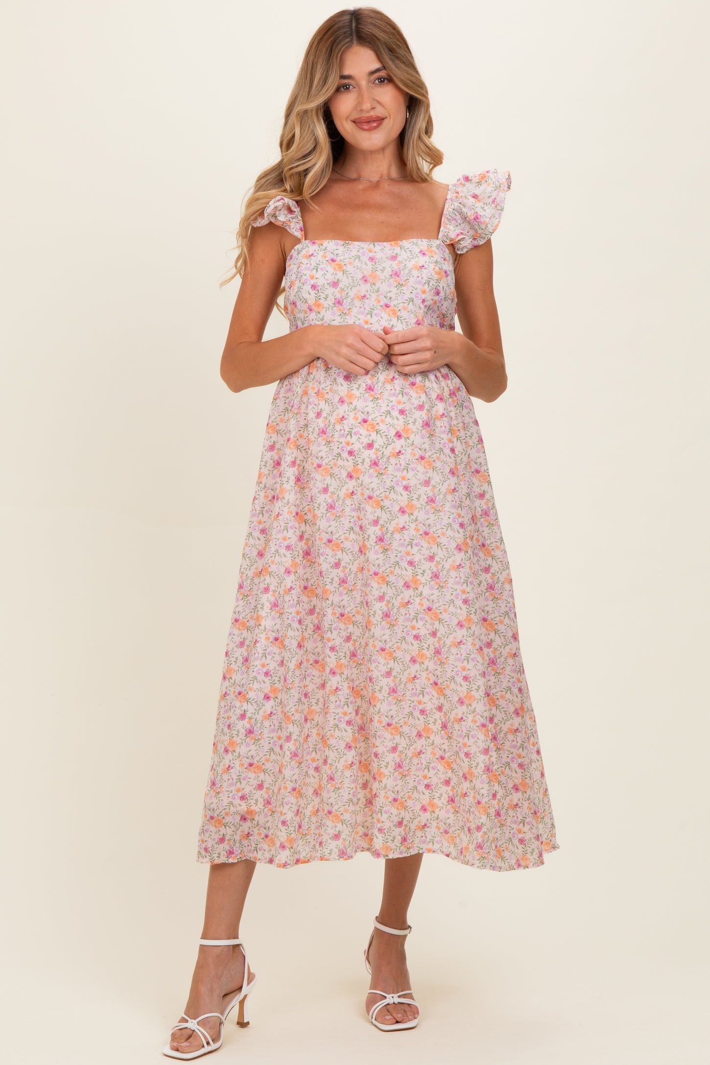 Blush Floral Ruffle Strap Maternity Midi Dress