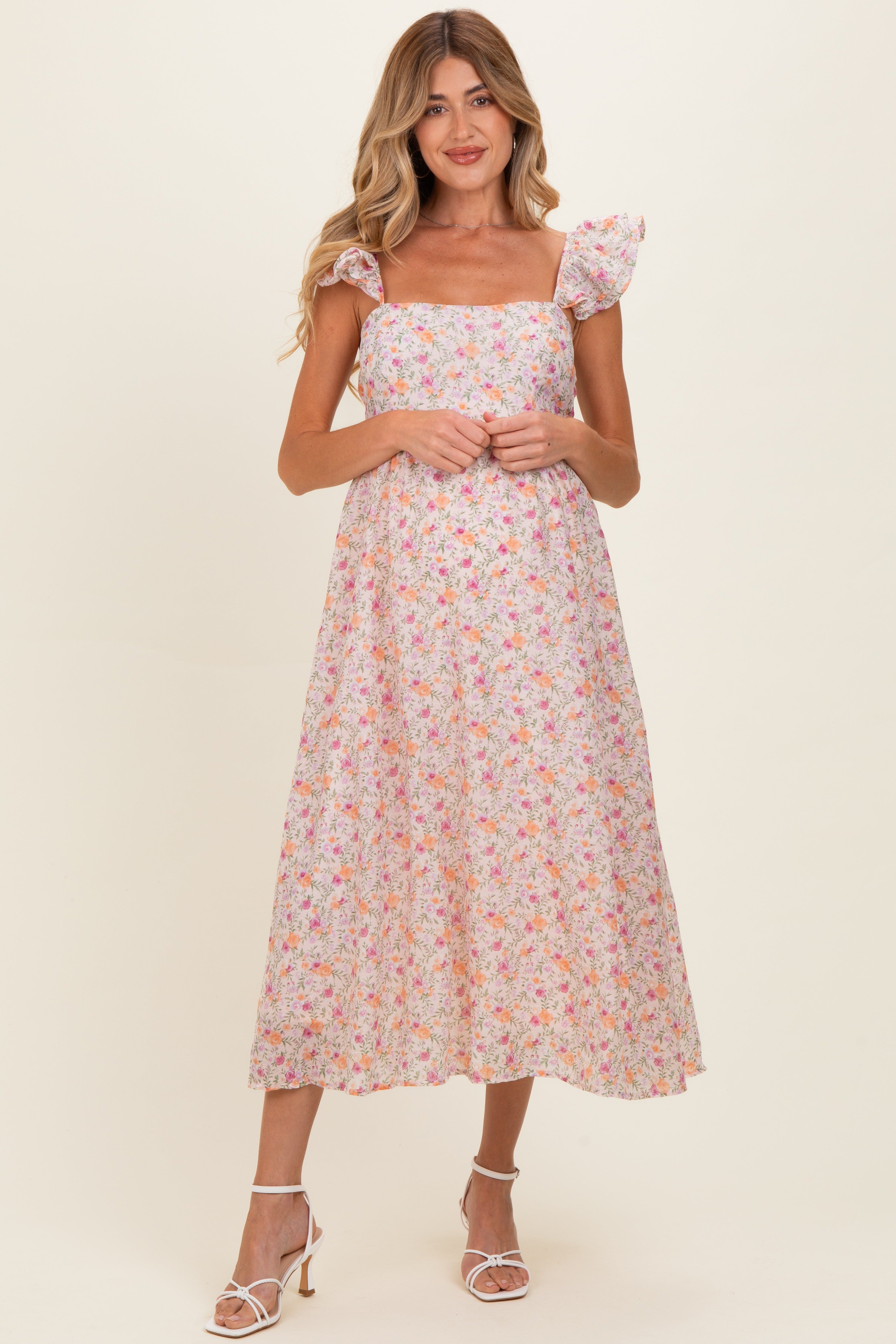 blushing ruffle trim midi dress Blush Floral Ruffle Strap Maternity Midi Dress – PinkBlush