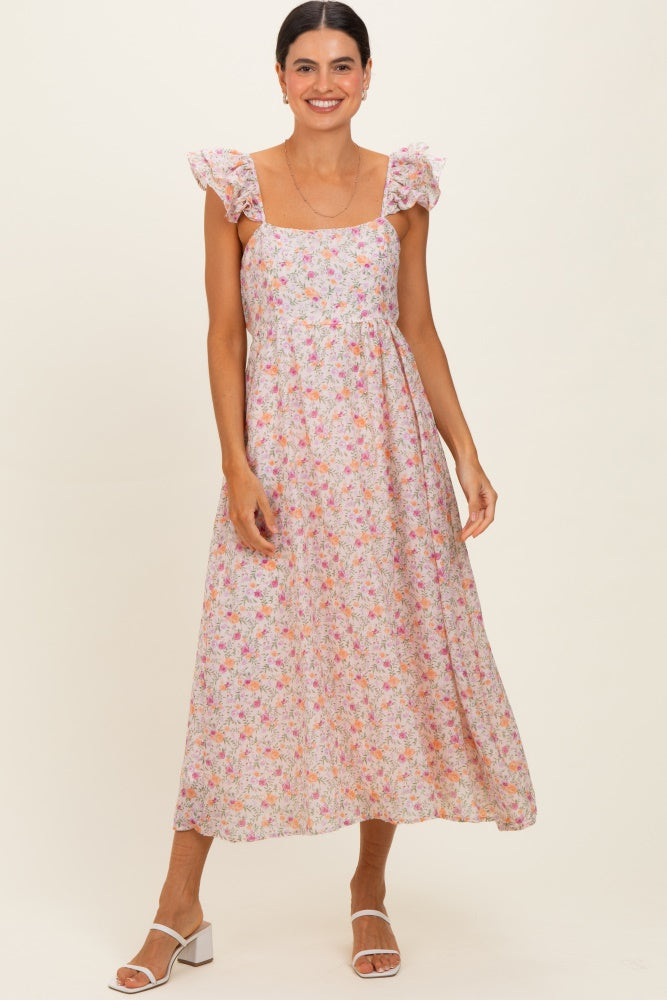 floral blush midi dress Blush Floral Ruffle Strap Midi Dress