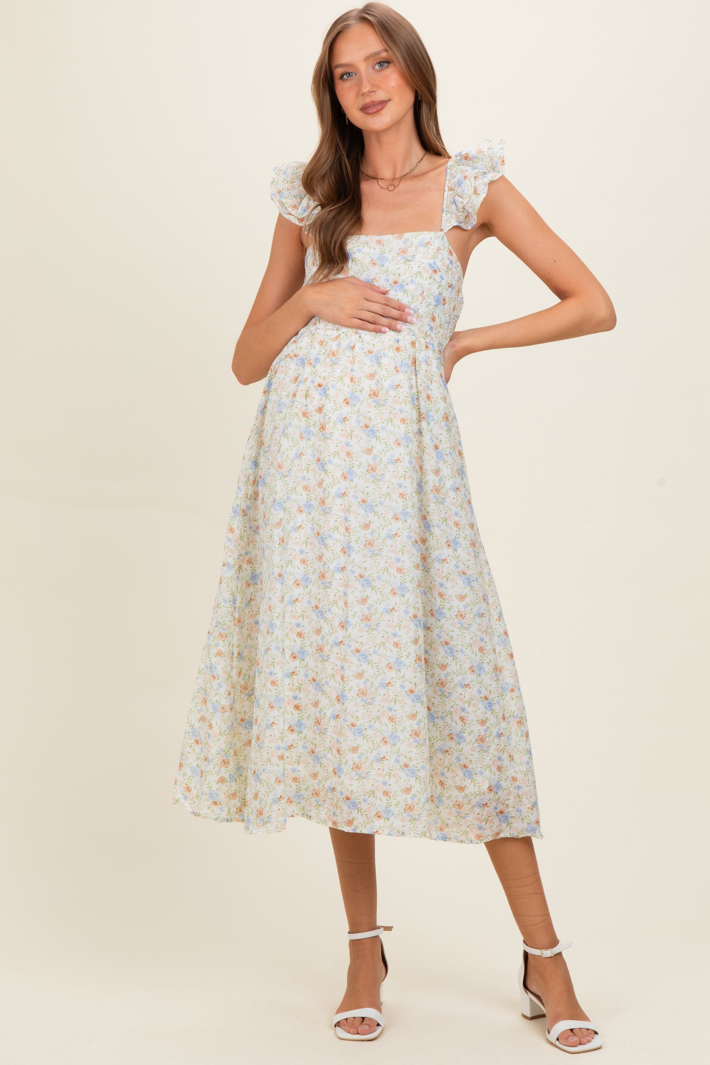 ivory floral maternity dress Ivory Floral Pleated Bodice Puff Sleeve Maternity Dress PinkBlush
