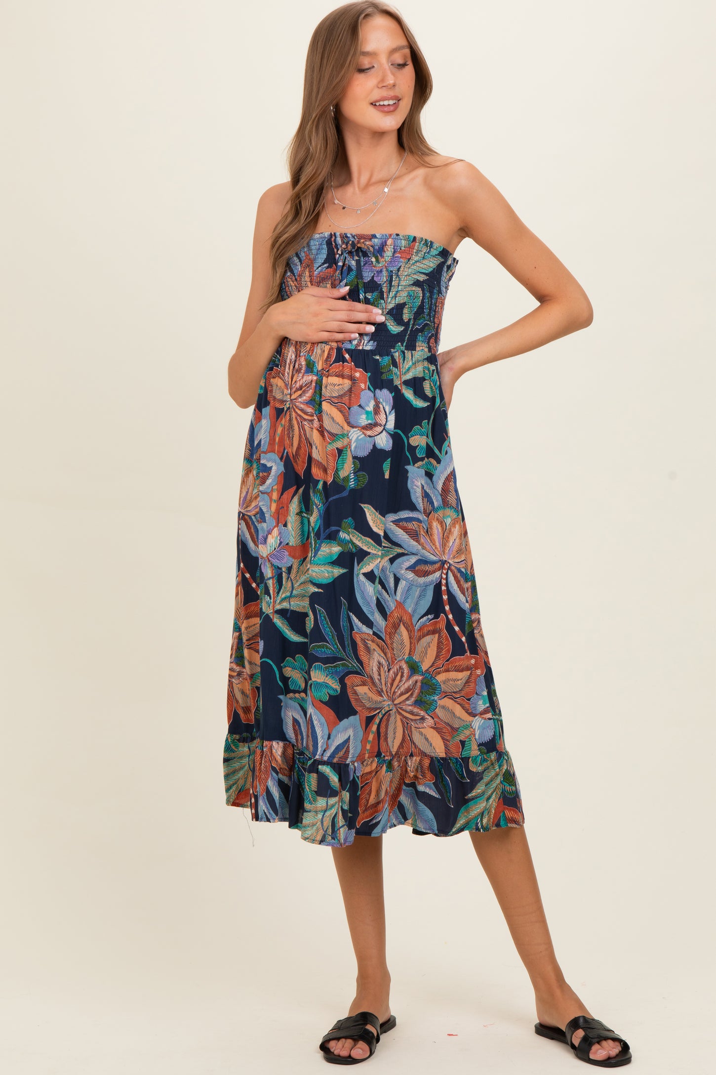 Navy Smocked Bodice Strapless Printed Maternity Midi Dress – PinkBlush