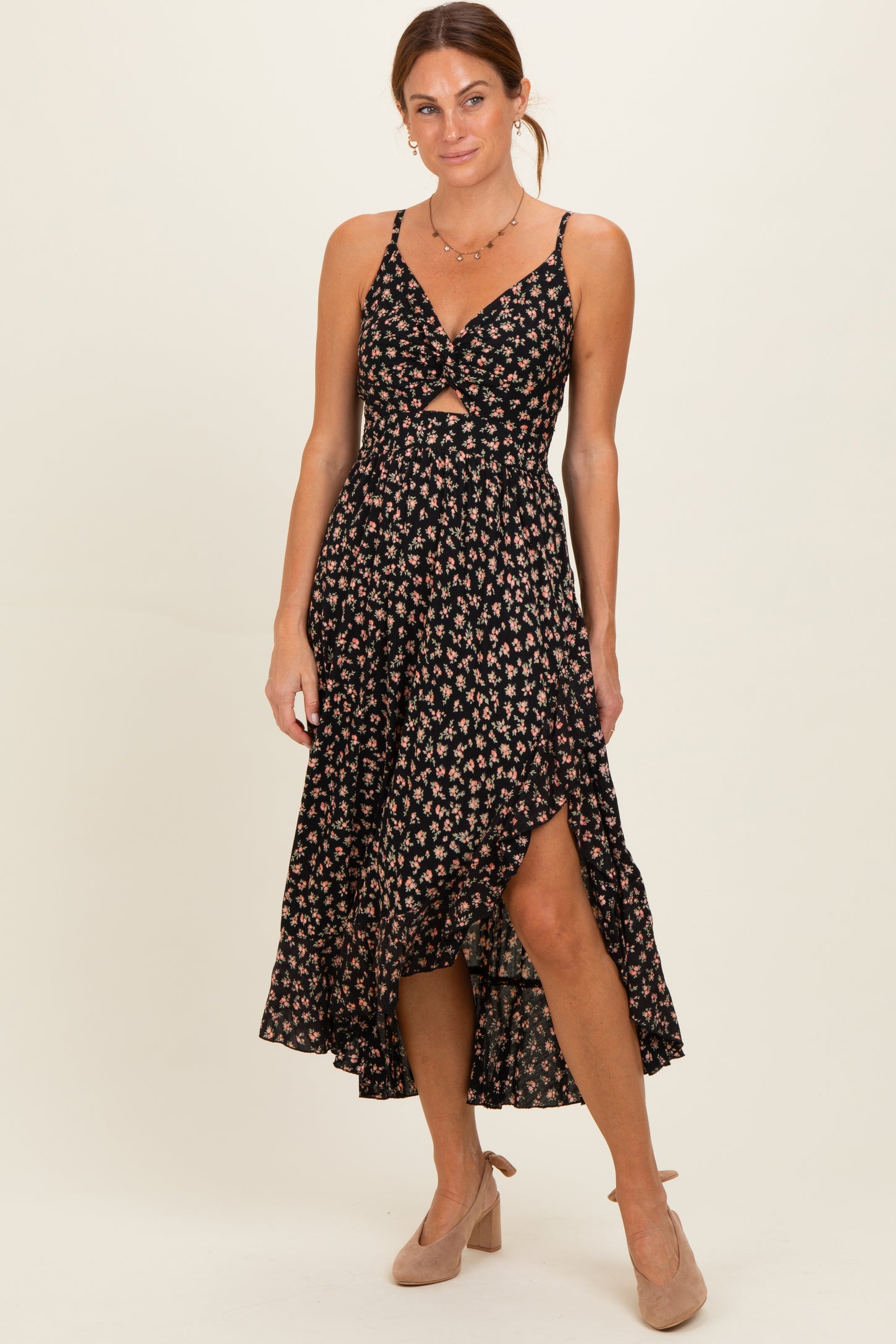 Black V Neck Twist Front Cut Out Side Ruffle Slit Midi Dress – PinkBlush