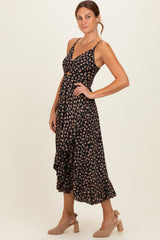 Black V Neck Twist Front Cut Out Side Ruffle Slit Midi Dress