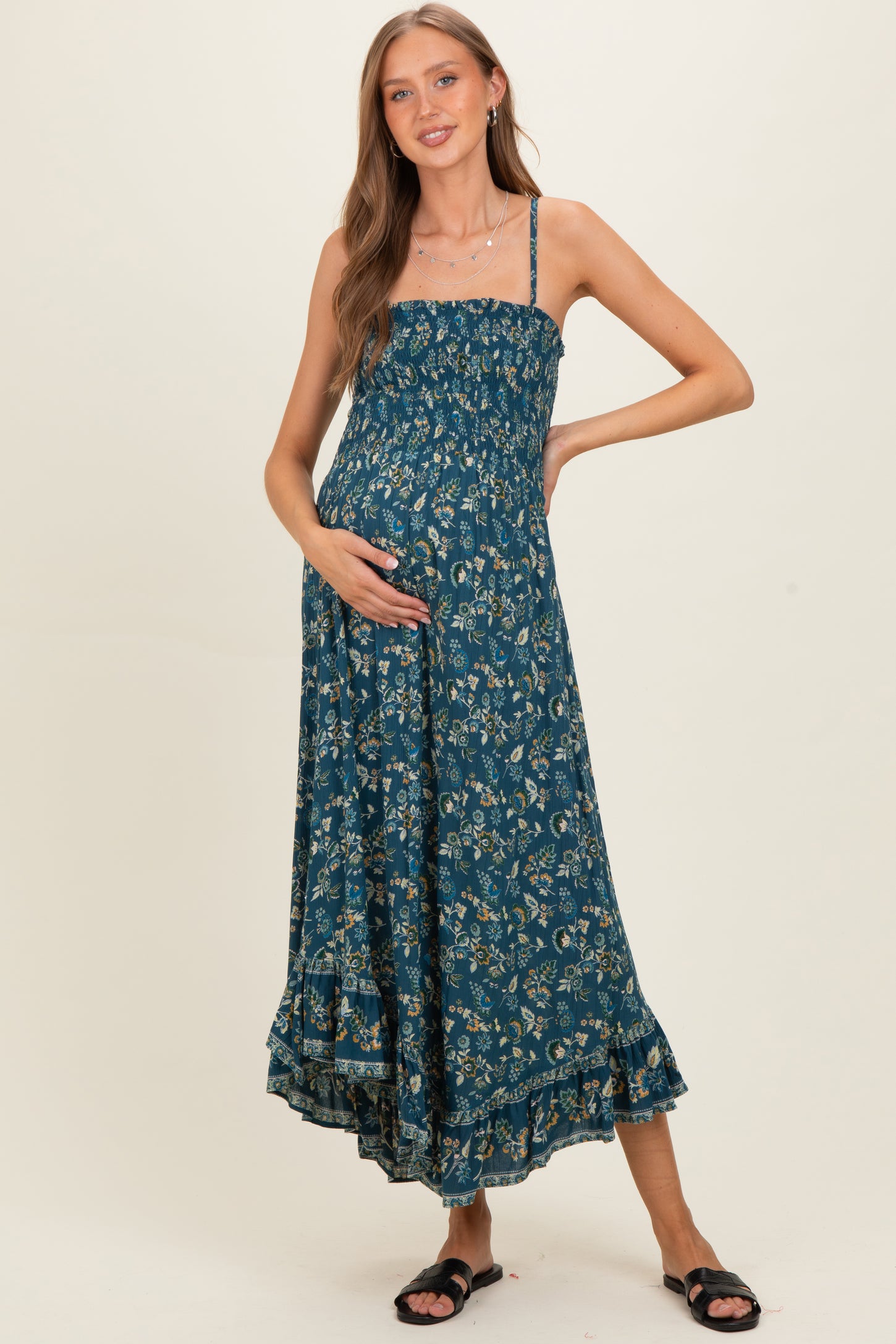 Teal Tie Neck Printed Maternity Sundress