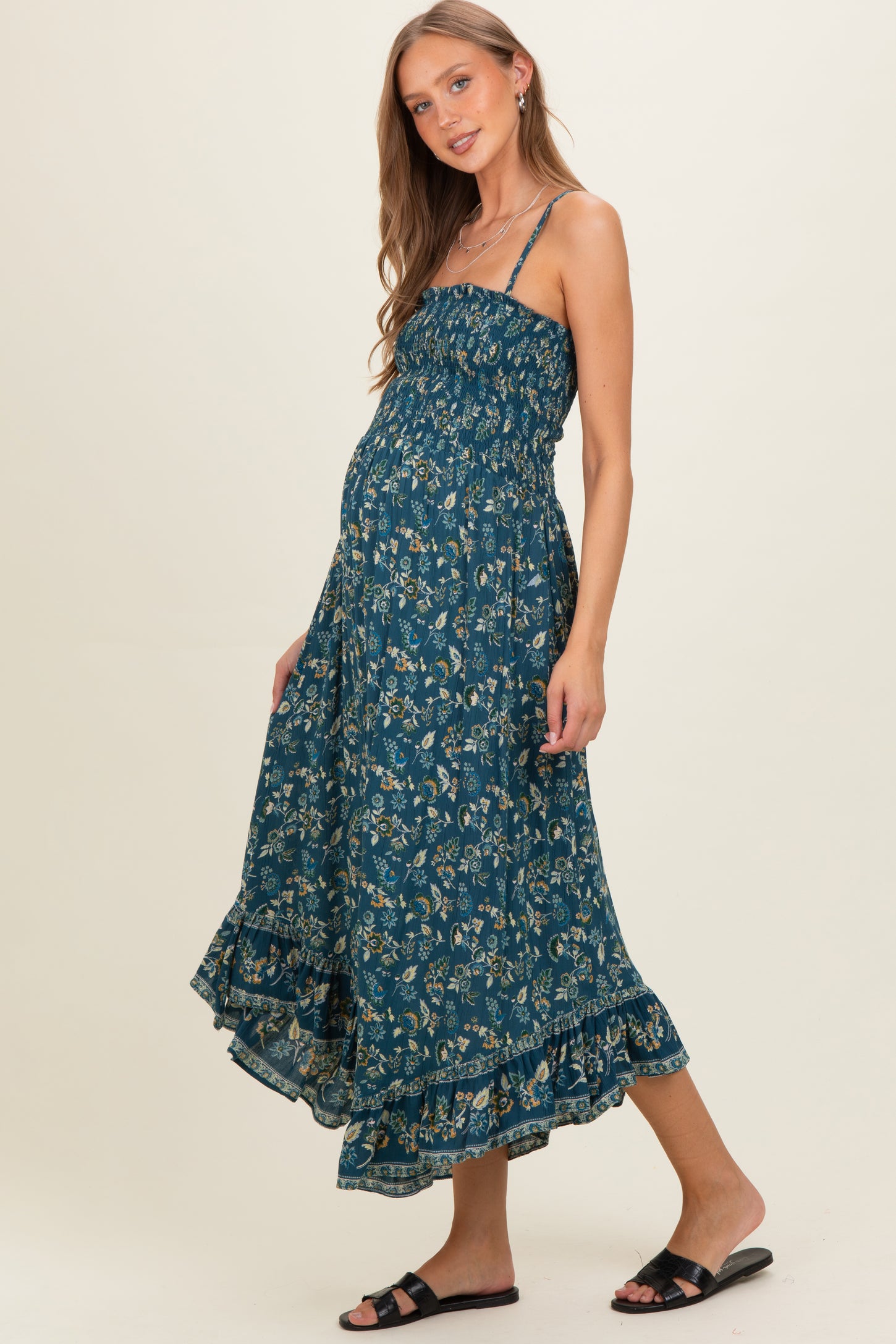 Teal Tie Neck Printed Maternity Sundress