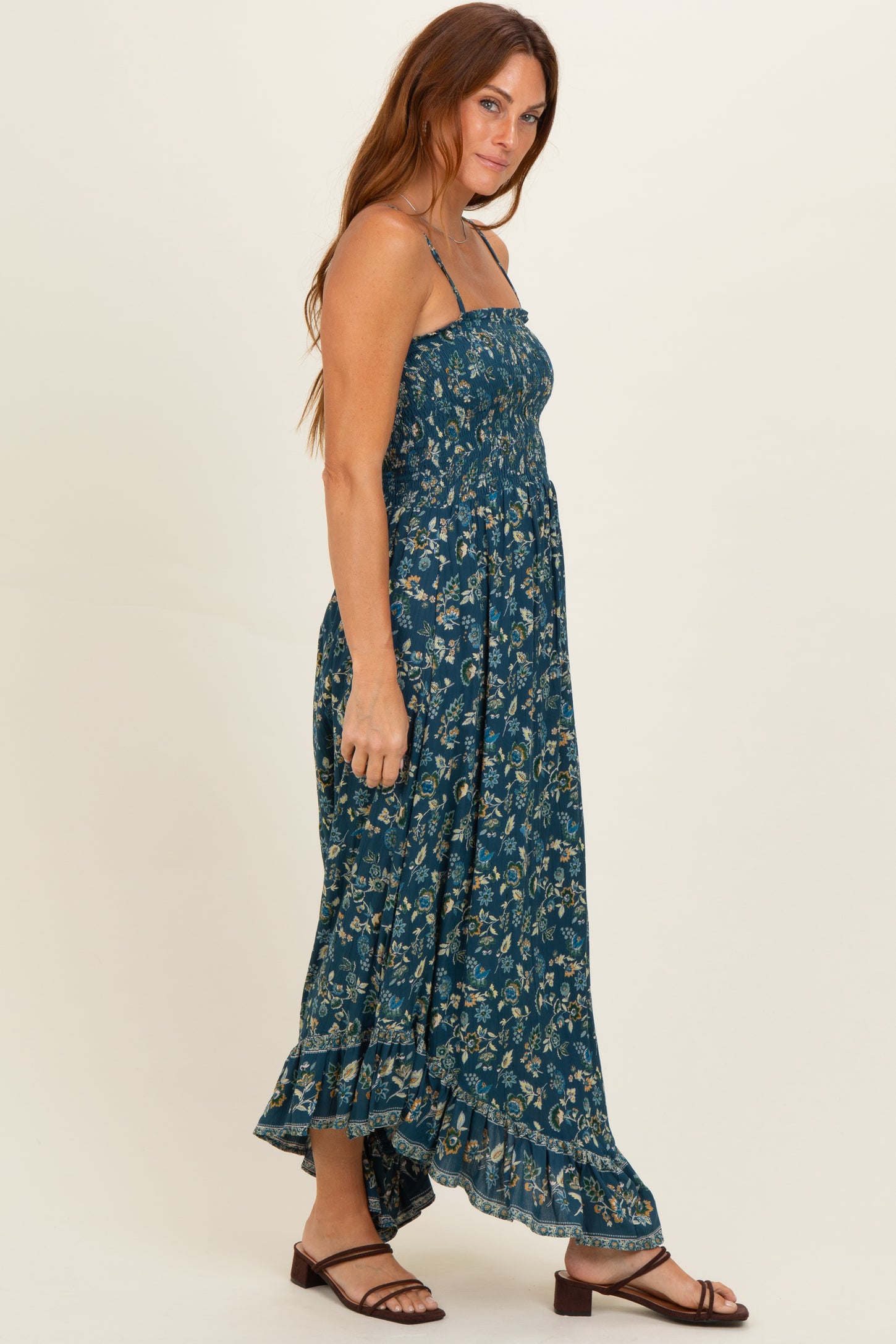 Teal Tie Neck Printed Sundress