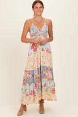Multicolor Printed Lace Inset Tiered Maternity Maxi Dress