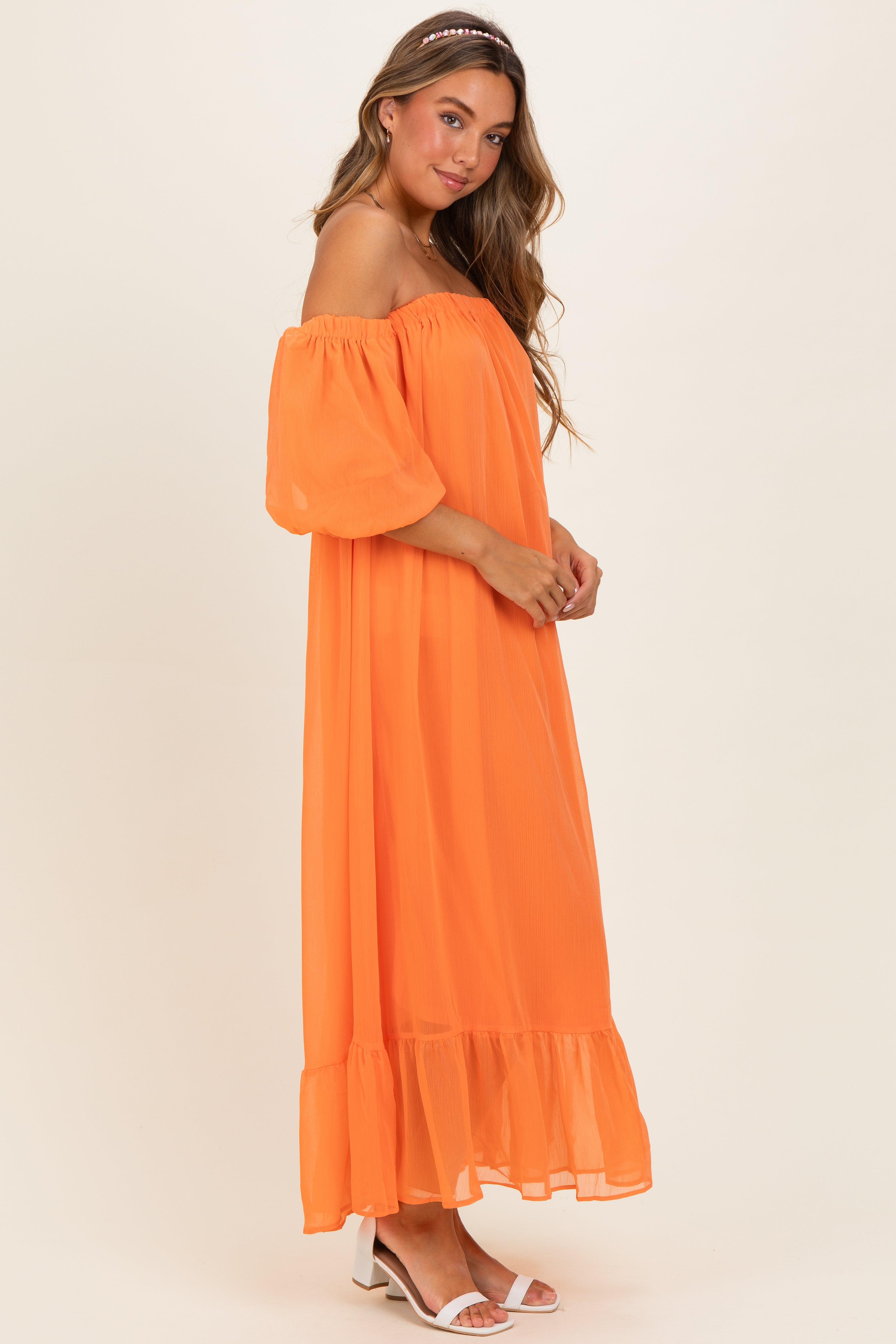 Orange Chiffon Off Shoulder Maternity Maxi Dress