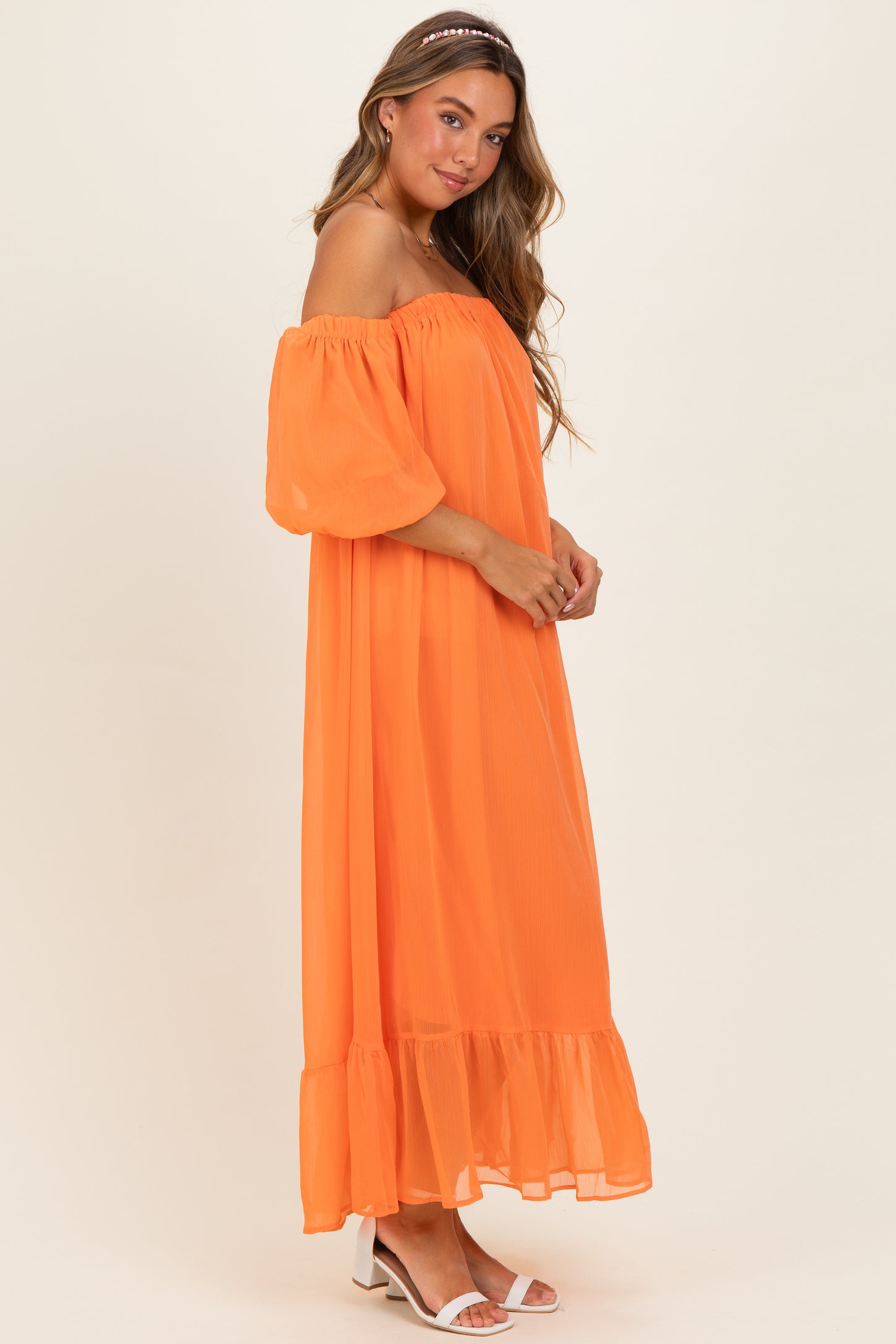 Orange Chiffon Off Shoulder Maternity Maxi Dress – PinkBlush