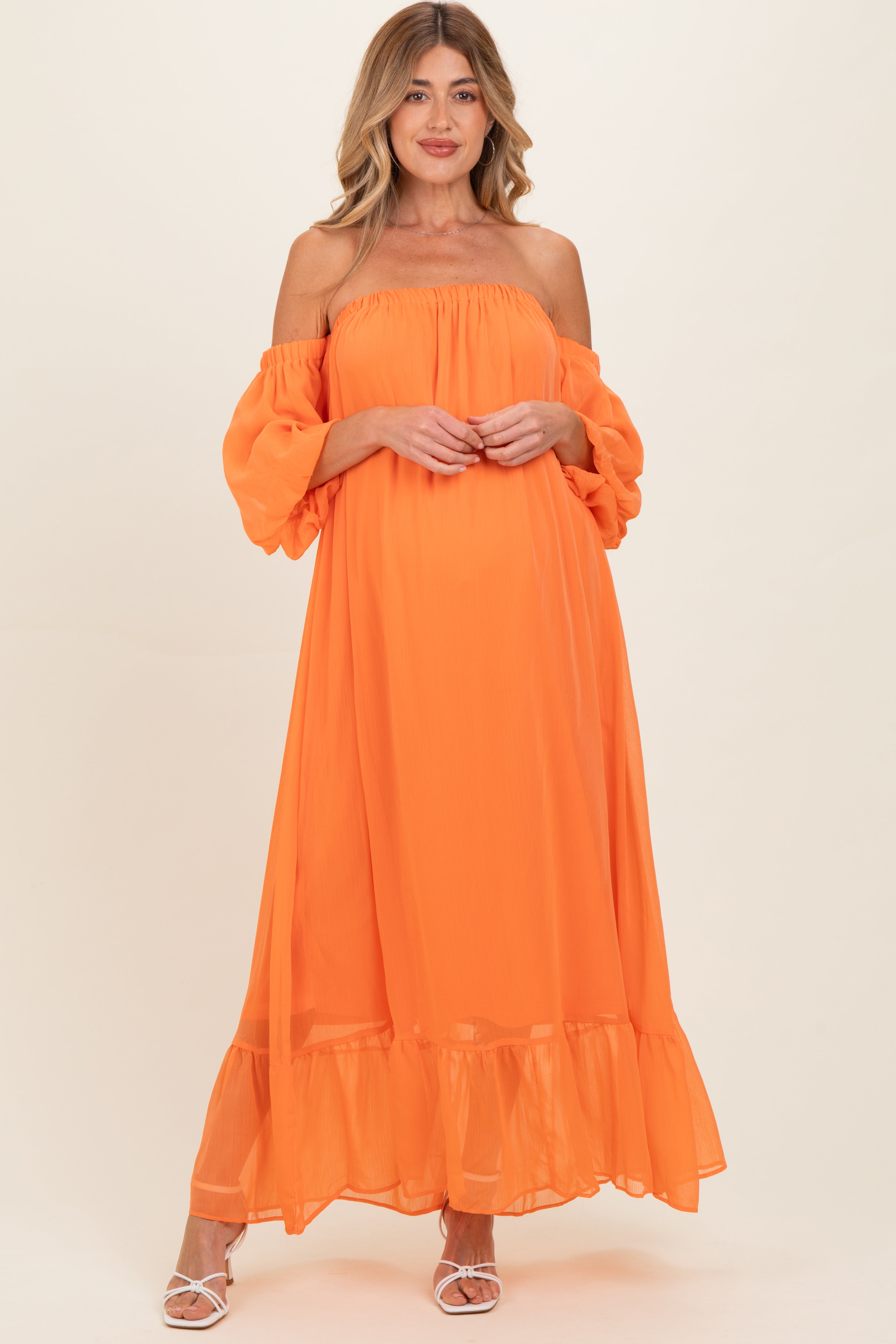 Orange Chiffon Off Shoulder Maternity Maxi Dress – PinkBlush