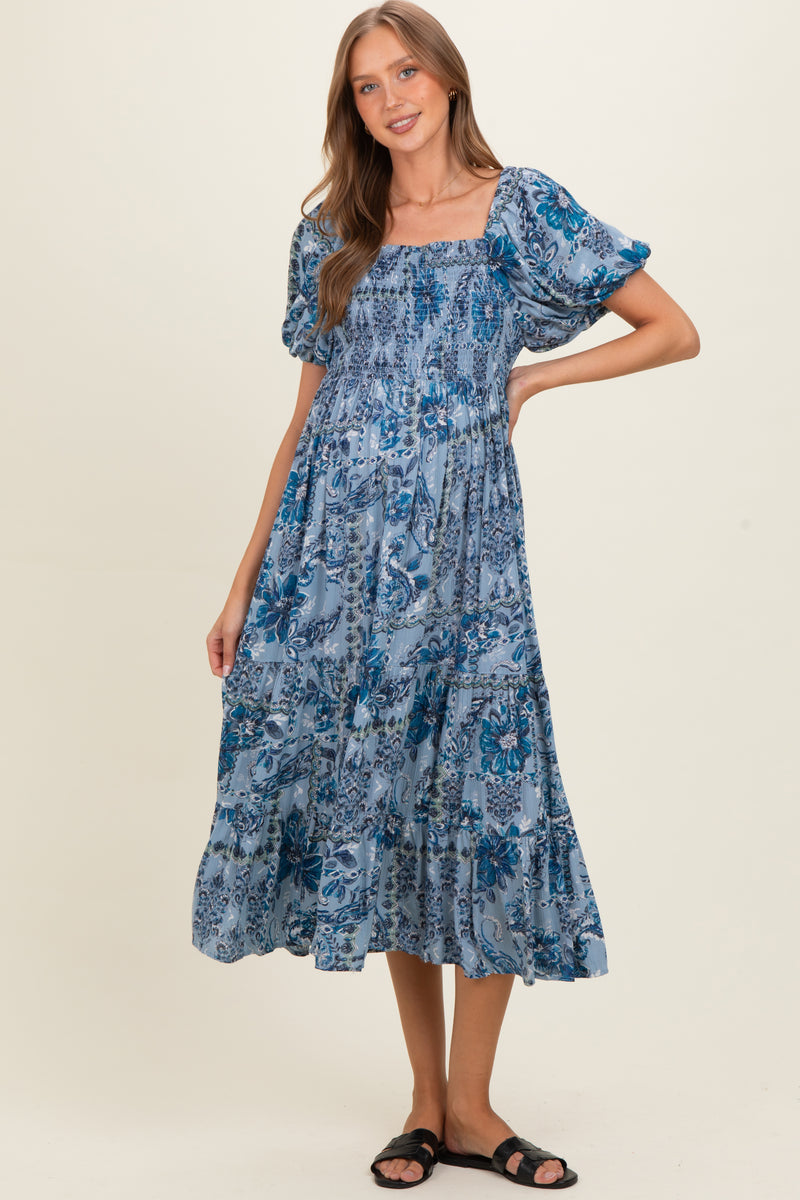Blue Smocked Bodice Puff Sleeve Printed Maternity Midi Dress Blue Smocked Bodice Puff Sleeve Printed Maternity Midi Dress