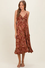 Brown V Neck Twist Front Cut Out Side Ruffle Slit Maternity Midi Dress