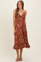 Brown V Neck Twist Front Cut Out Side Ruffle Slit Maternity Midi Dress