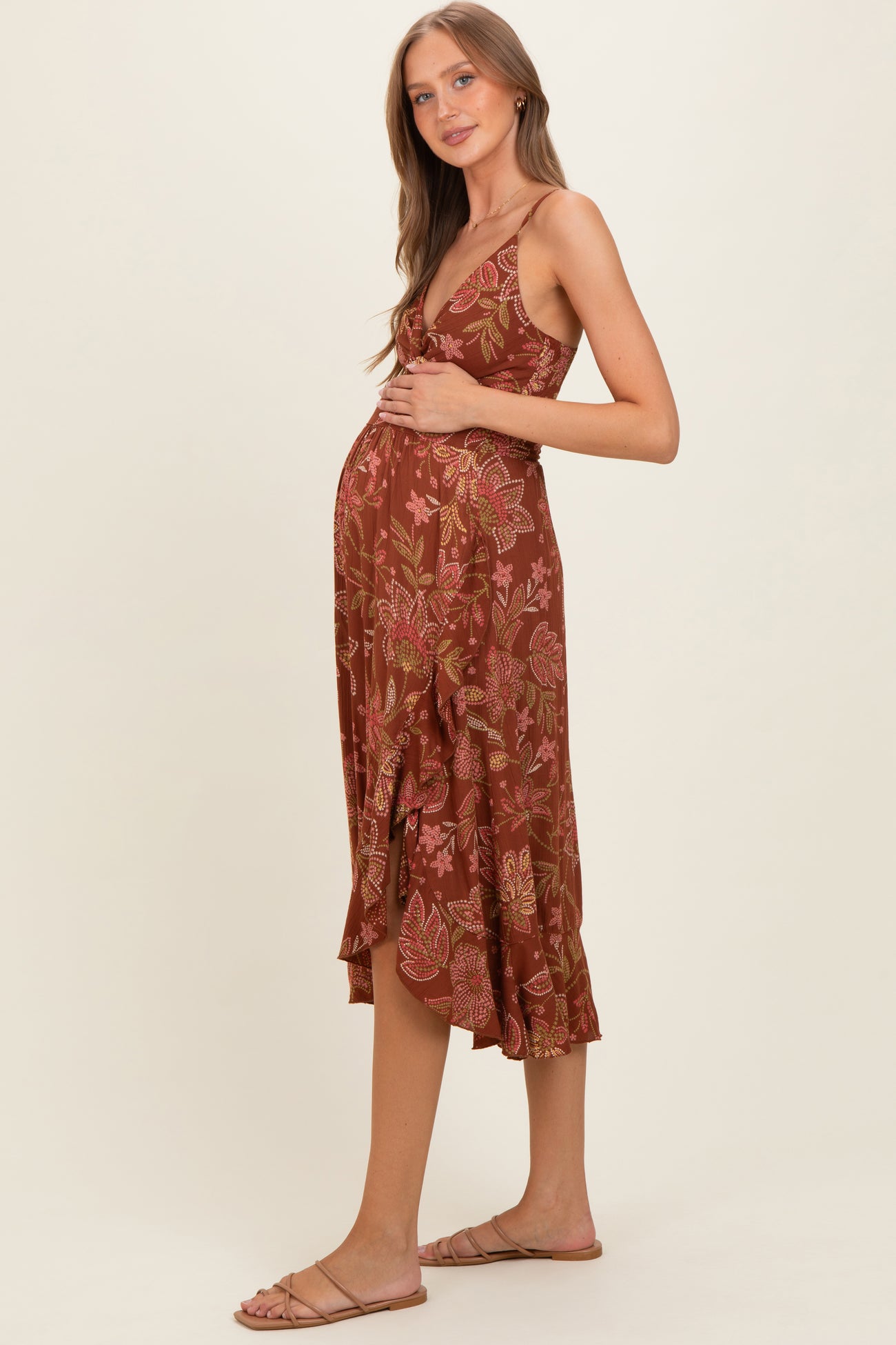 Brown V Neck Twist Front Cut Out Side Ruffle Slit Maternity Midi Dress