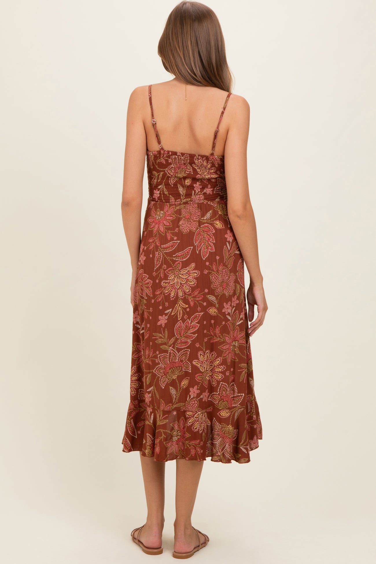 Brown V Neck Twist Front Cut Out Side Ruffle Slit Maternity Midi Dress