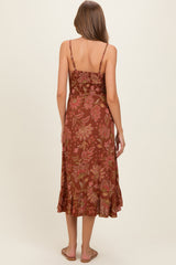 Brown V Neck Twist Front Cut Out Side Ruffle Slit Maternity Midi Dress