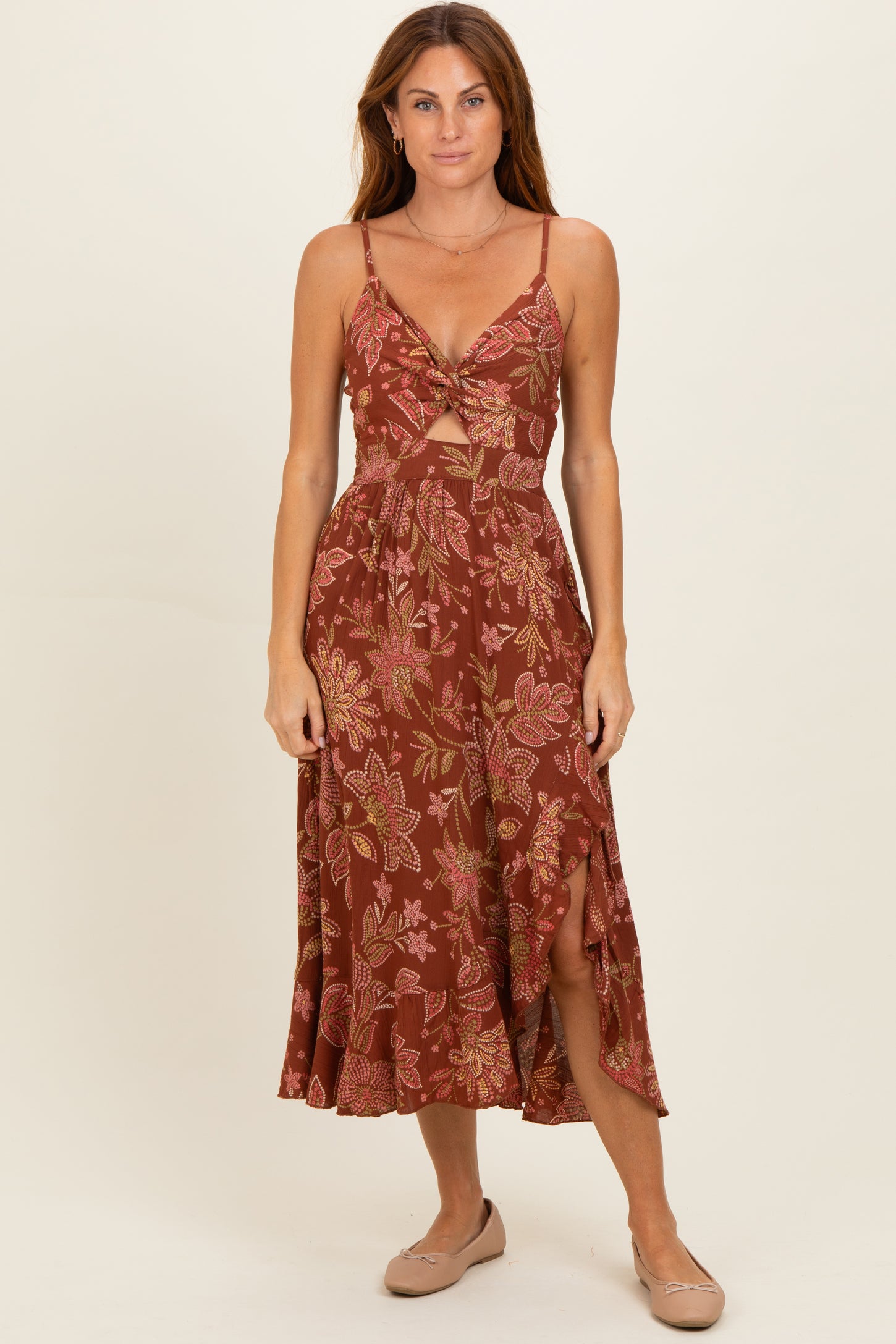 Brown V Neck Twist Front Cut Out Side Ruffle Slit Midi Dress – PinkBlush