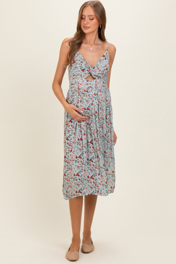 aqua floral midi dress Aqua Floral Twisted Front Cutout Maternity Midi Dress