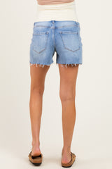 Light Blue Distressed Raw Hem Maternity Denim Shorts