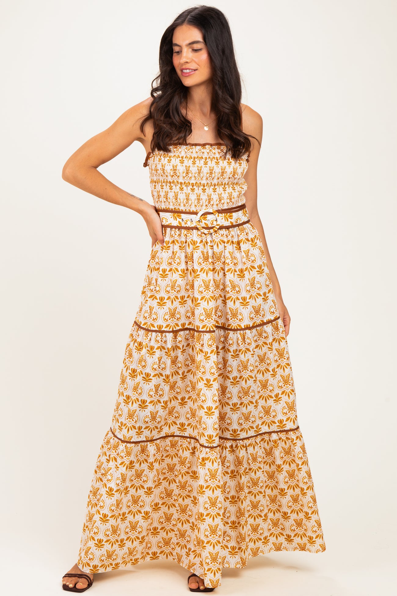Camel Printed Smocked Maternity Maxi Dress