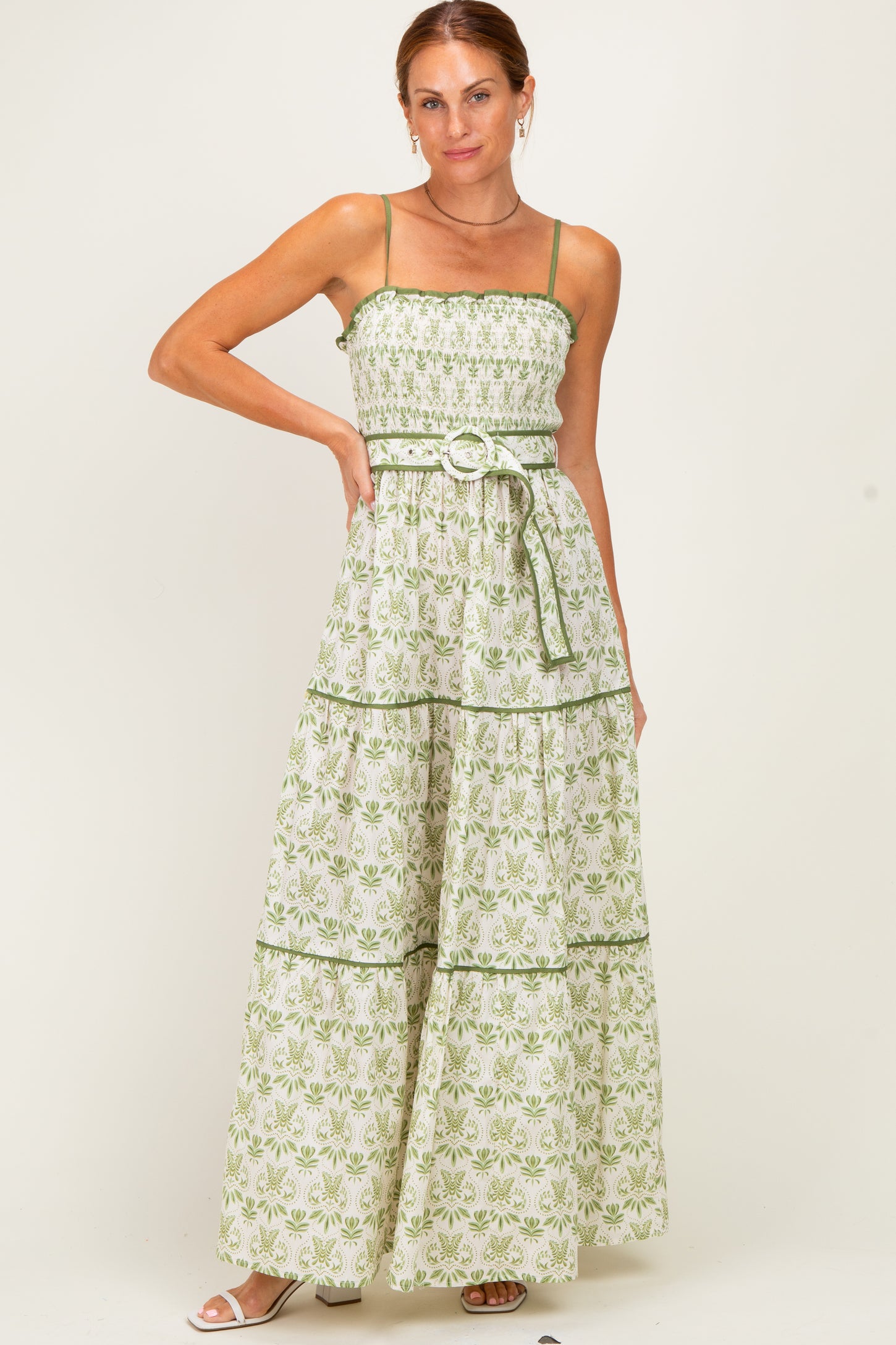 Green Printed Smocked Maxi Dress