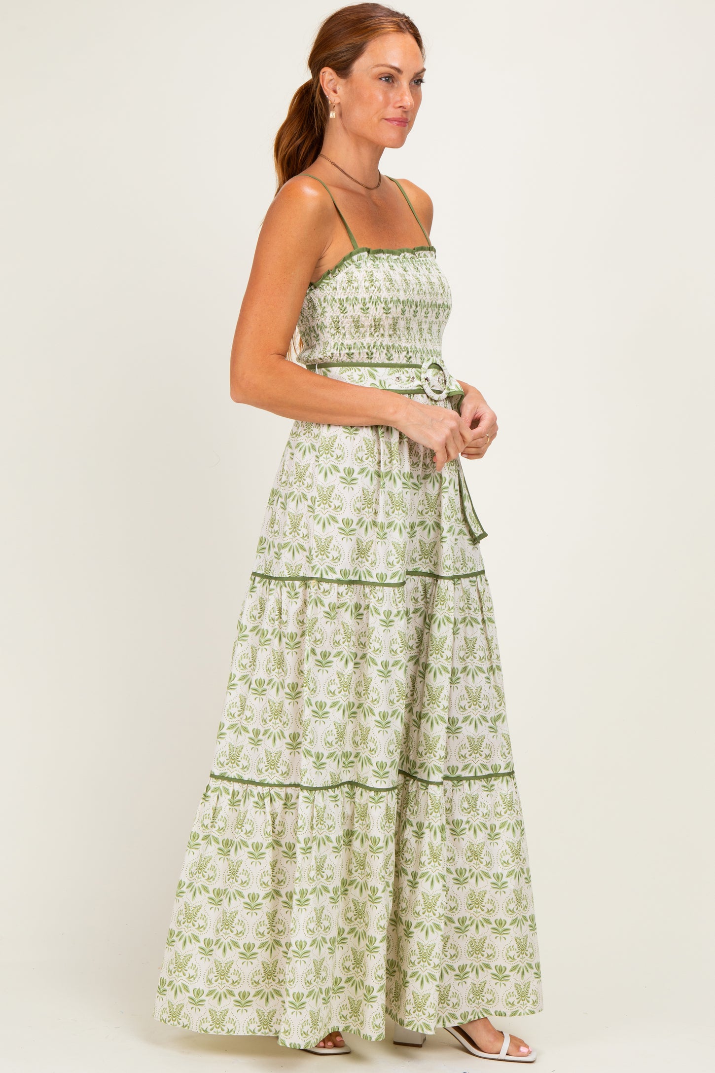 Green Printed Smocked Maxi Dress
