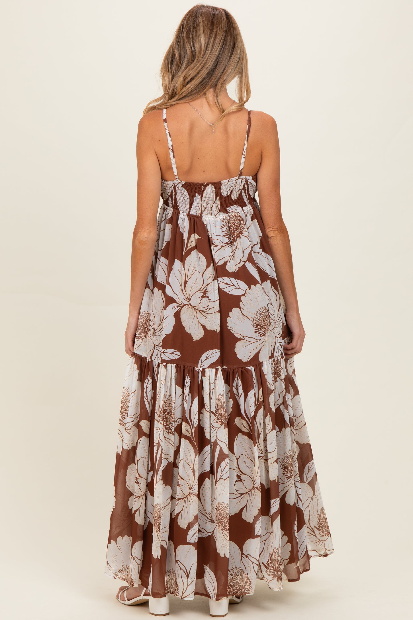 Brown Tropical Floral Maternity Maxi Dress