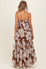 Brown Tropical Floral Maternity Maxi Dress