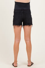 Black Distressed Frayed Hem Maternity Denim Shorts