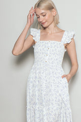 Cream Floral Ruffle Tier Button Detail Maxi Dress