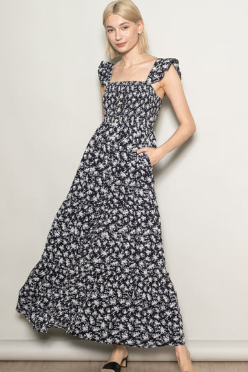 Black Floral Ruffle Tier Button Detail Maxi Dress