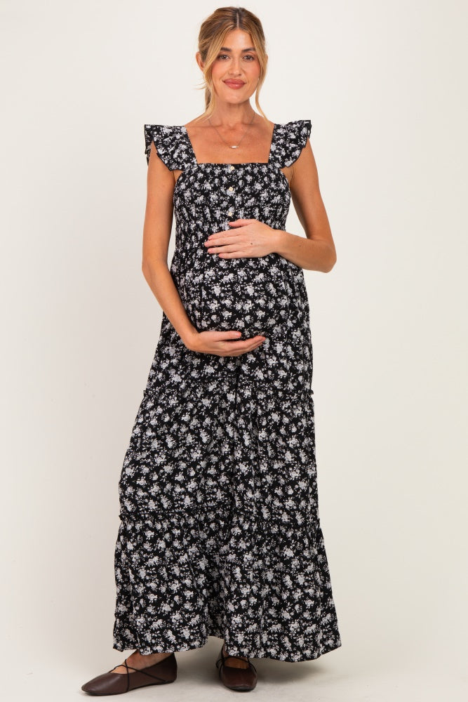 Black Floral Ruffle Tier Button Detail Maternity Maxi Dress