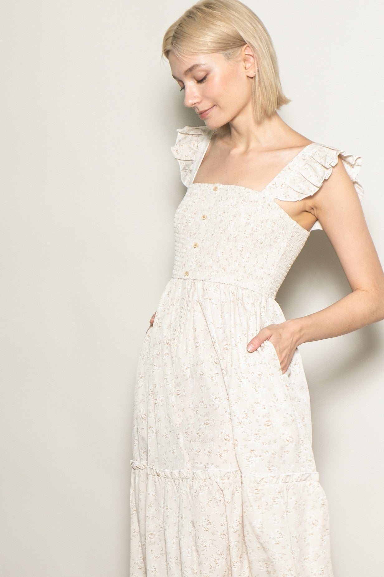 Cream Floral Ruffle Tier Button Detail Maxi Dress