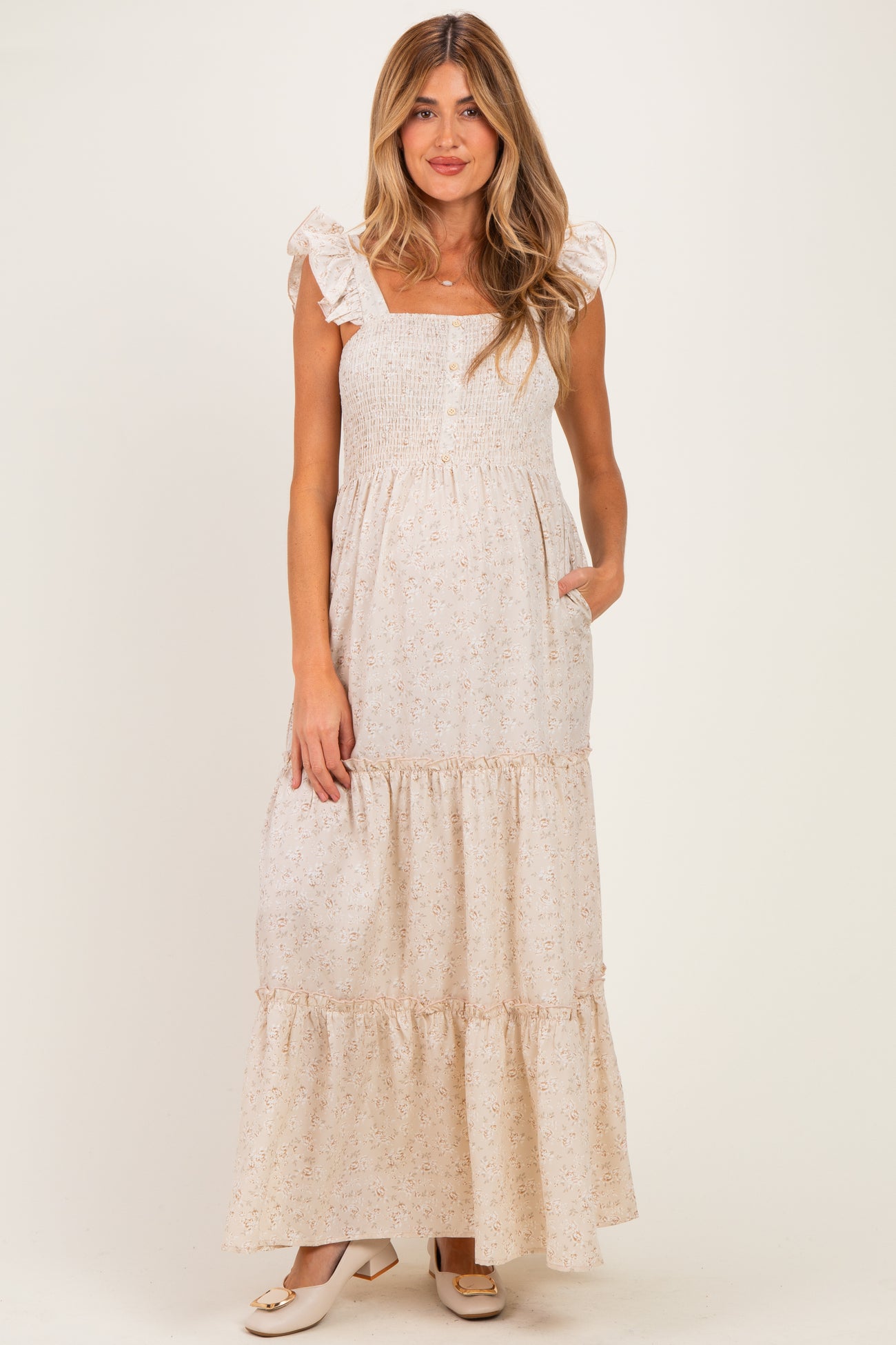 Cream Floral Ruffle Tier Button Detail Maternity Maxi Dress