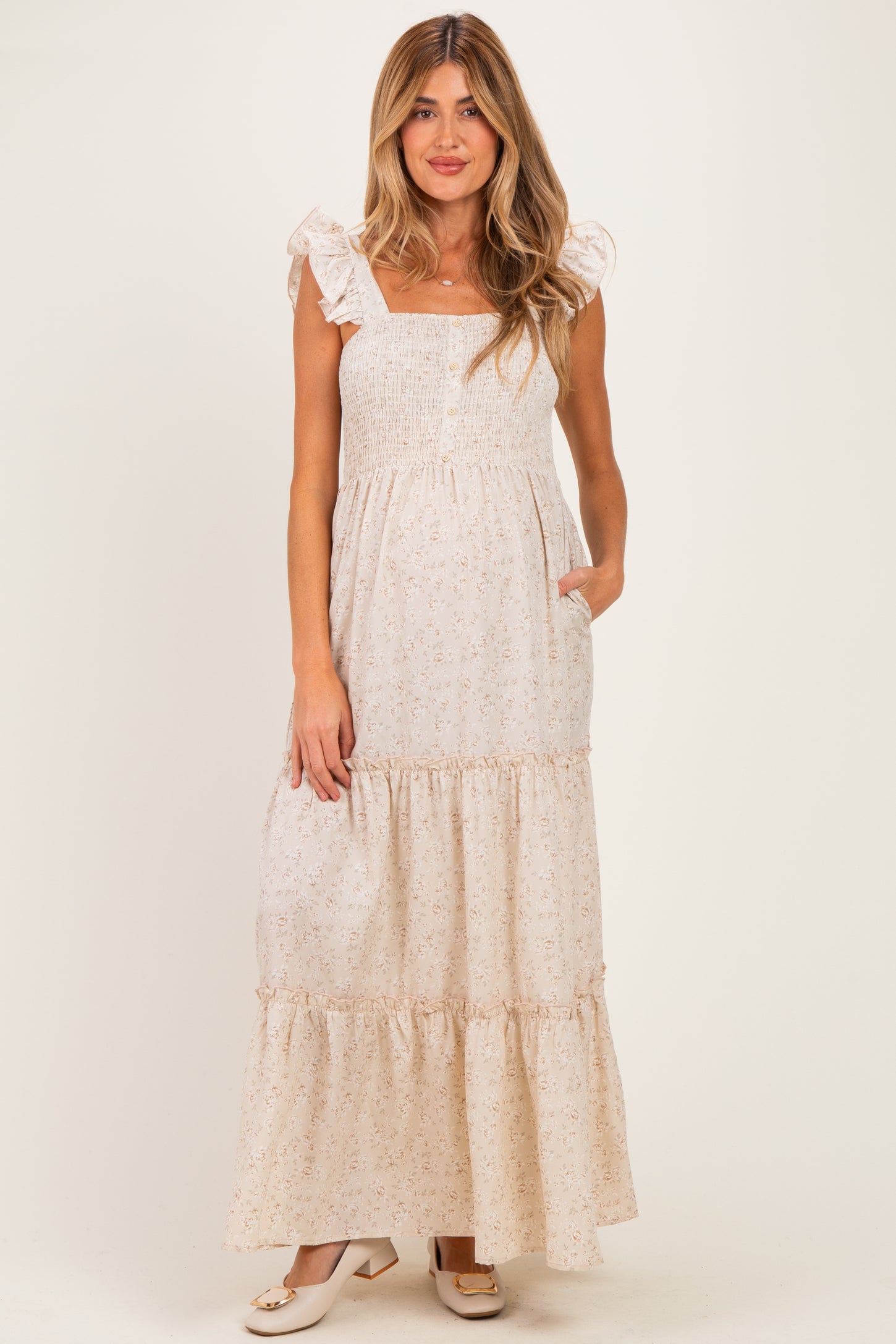 Cream Floral Ruffle Tier Button Detail Maternity Maxi Dress
