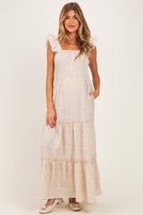 Cream Floral Ruffle Tier Button Detail Maternity Maxi Dress