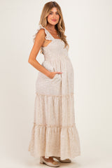 Cream Floral Ruffle Tier Button Detail Maternity Maxi Dress