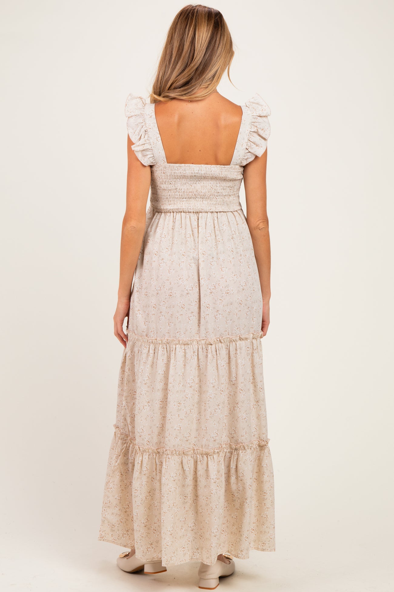 Cream Floral Ruffle Tier Button Detail Maternity Maxi Dress