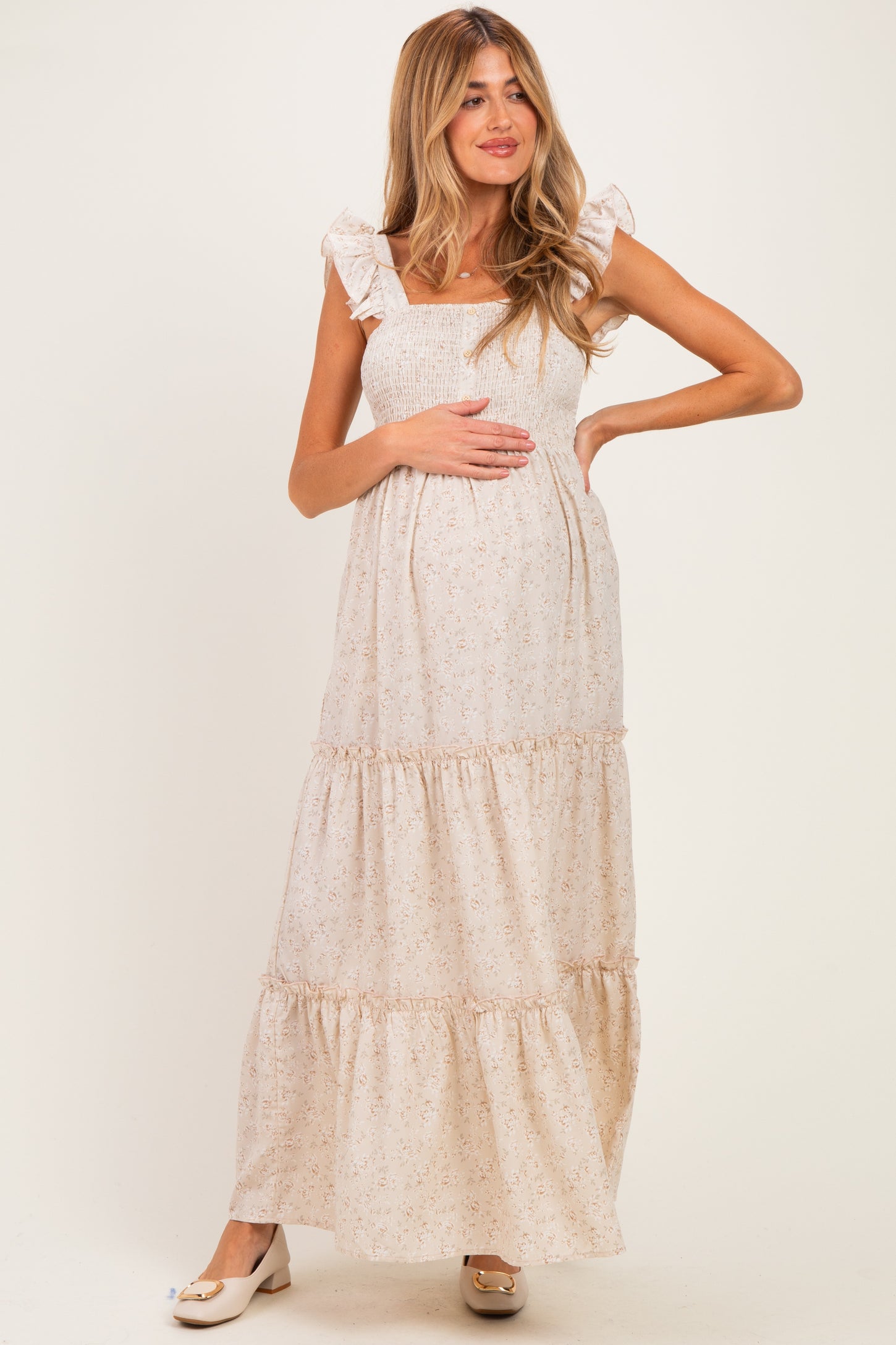 Cream Floral Ruffle Tier Button Detail Maternity Maxi Dress