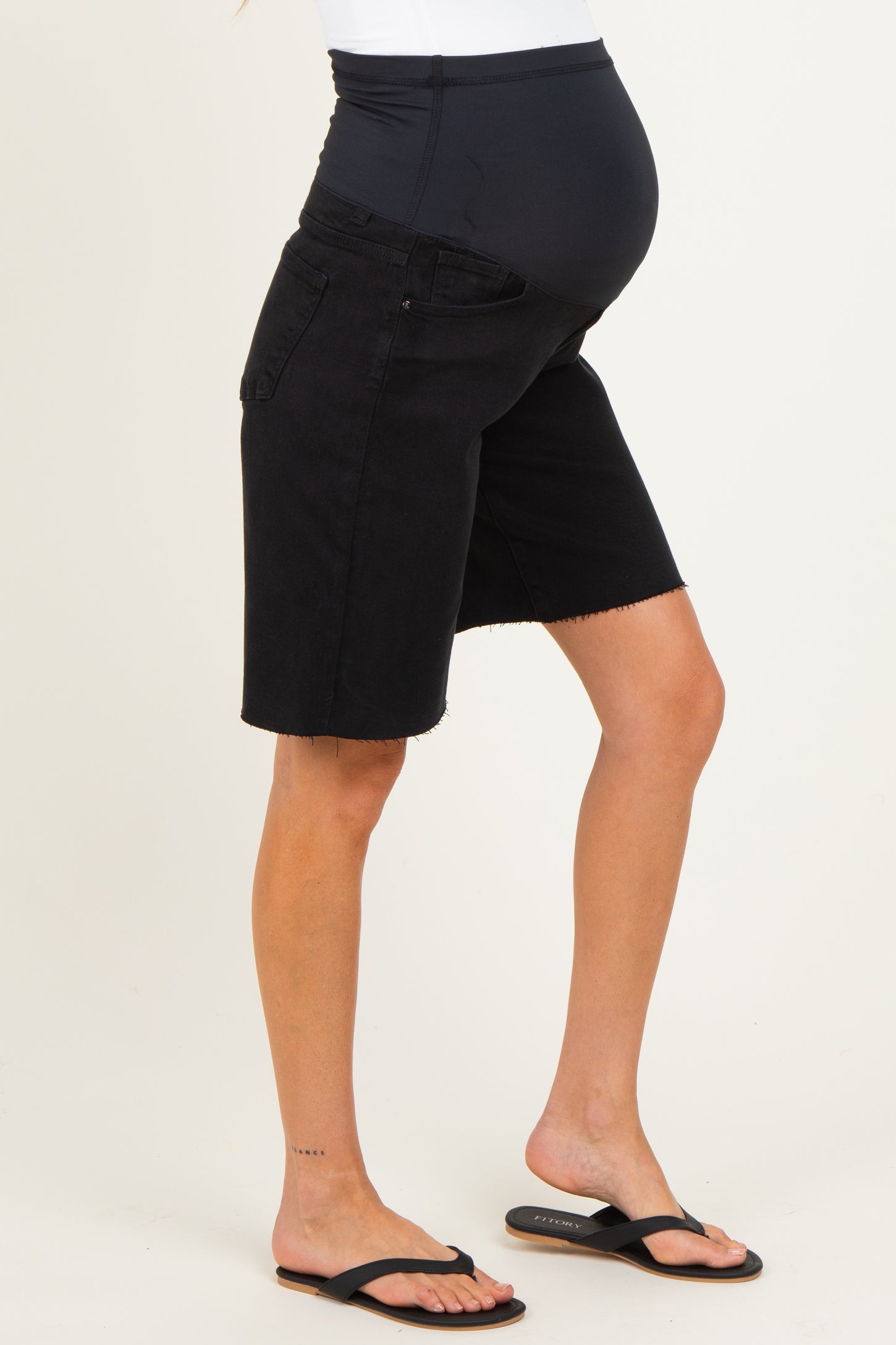 Black Raw Hem Maternity Denim Bermuda Shorts