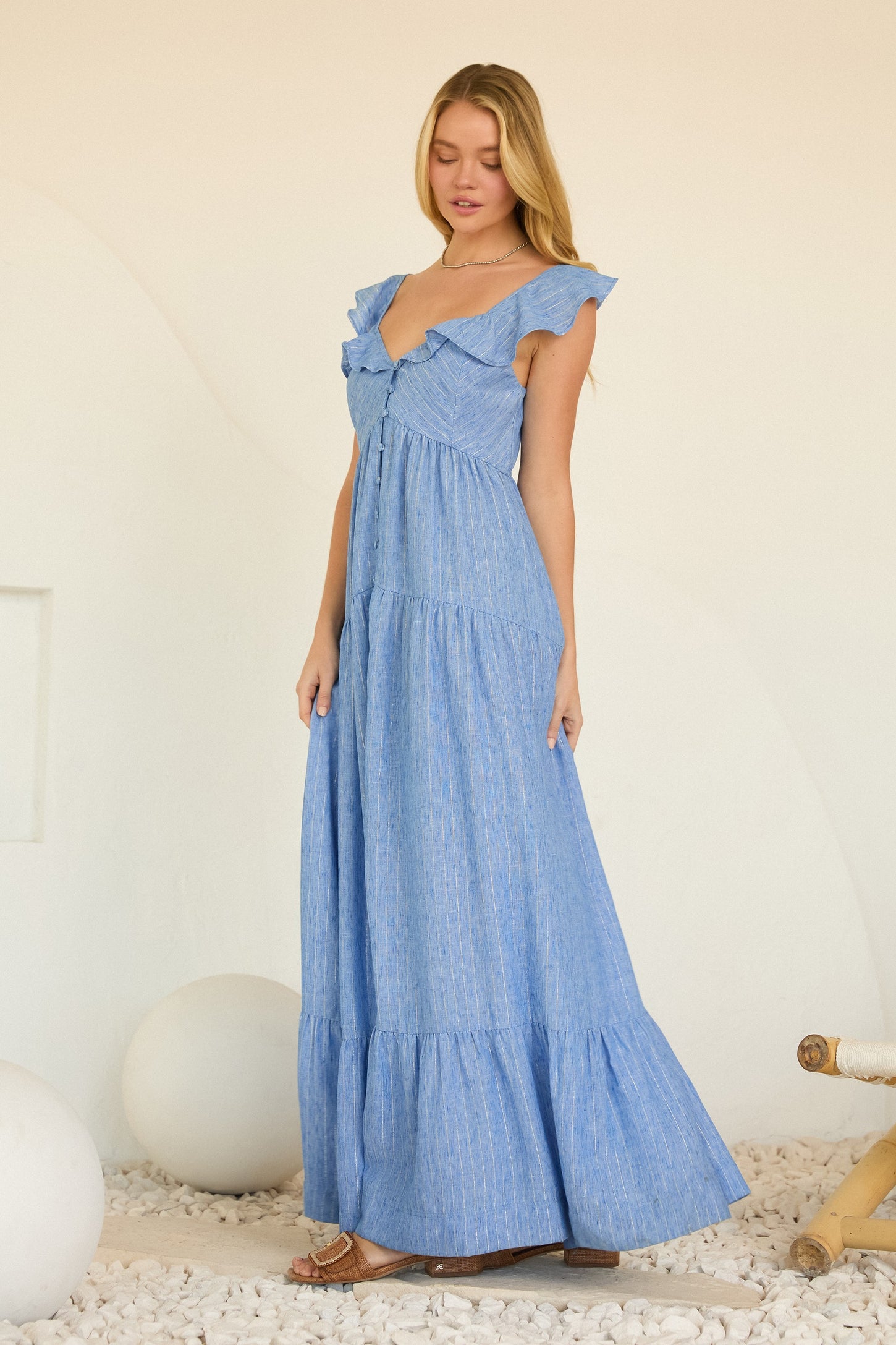 maxi dress with flounce Blue Striped Flounce Neckline Button Down Maxi Dress