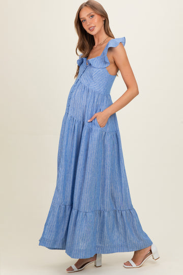 Blue Striped Flounce Neckline Button Down Maternity Maxi Dress