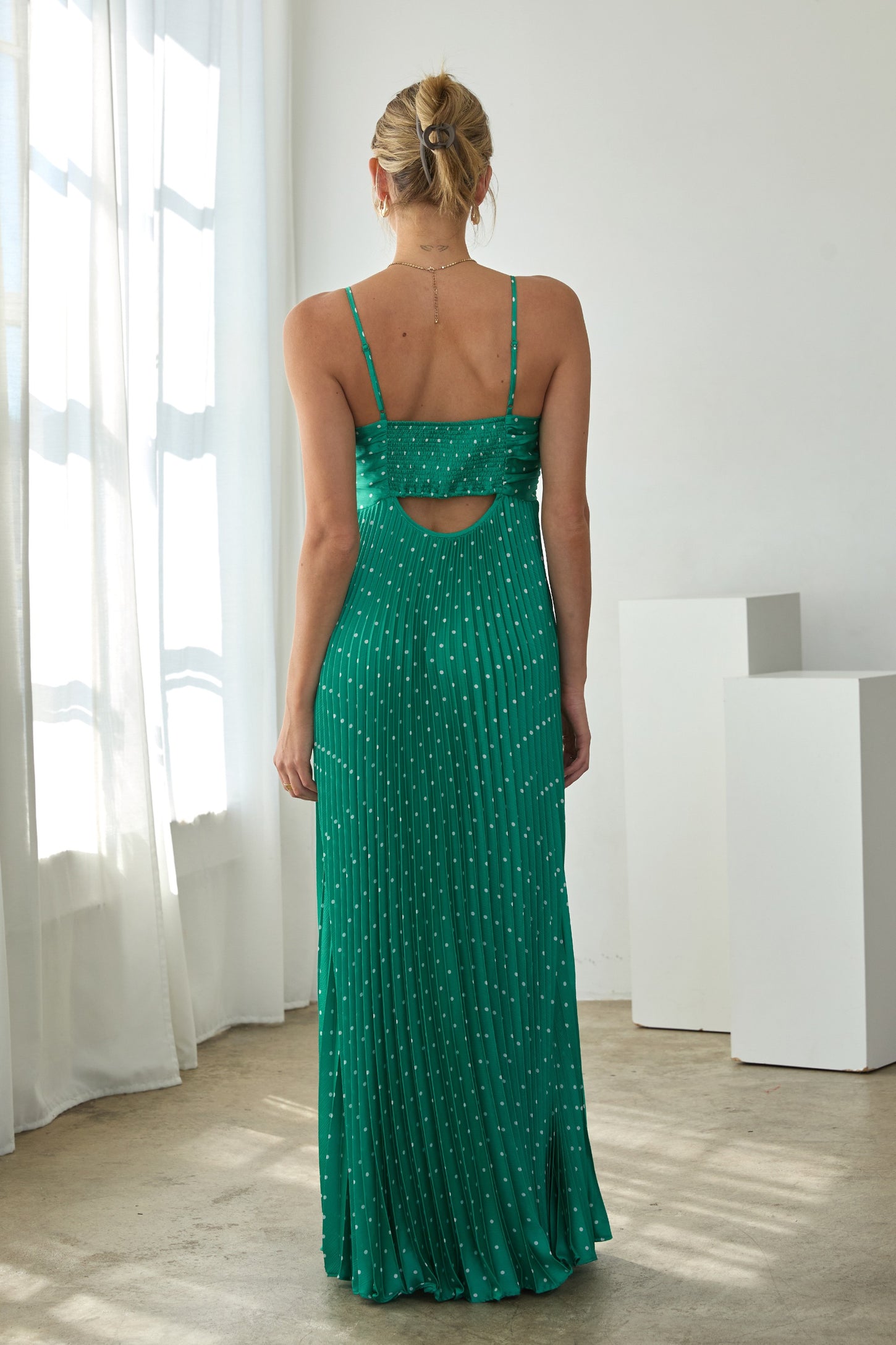 Green Polka Dot Pleated Cutout Maxi Dress – PinkBlush