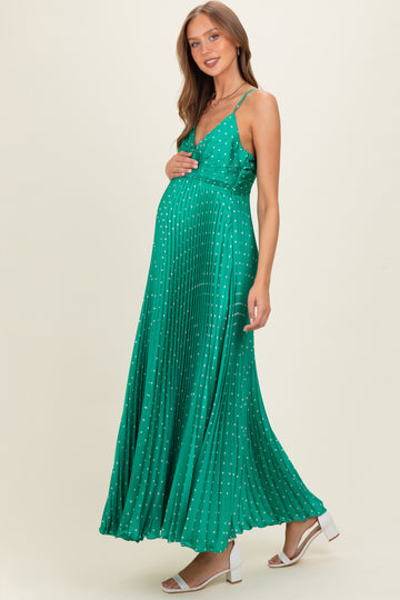 Green Polka Dot Pleated Cutout Maternity Maxi Dress